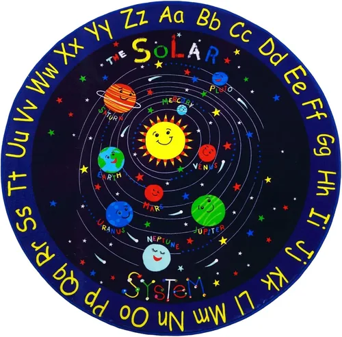 Vista 3 de GlowSol Alfombra redonda para niños de 4 4 pies ABC con diseño de estrellas del alfabeto, alfombra para guardería, espacio exterior, galaxia