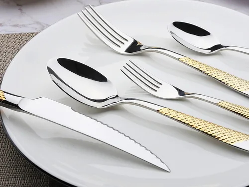 Vista 4 de Juego de cubiertos dorados de acero inoxidable de 60 piezas, juego de cubiertos de cocina, juego de utensilos de mesa para la cocina, incluye