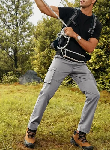 Vista 4 de JMIERR Pantalones cargo para hombre, casuales, de algodón, ajuste relajado, cintura elástica, ligeros, con múltiples bolsillos