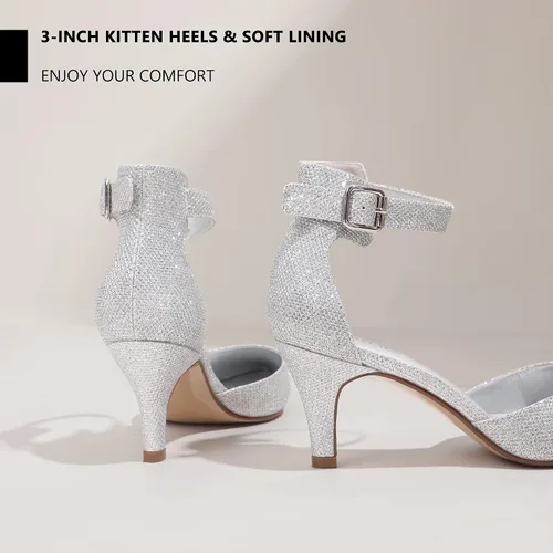 Vista 3 de IDIFU IN3 D'Orsay Zapatos de tacón bajo para mujer, zapatos de vestir puntiagudos con puntera cerrada, correa de tobillo para novia, elegante