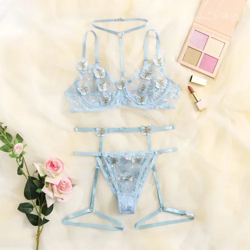 Vista 6 de SweatyRocks Conjunto de lencería con bordado de mariposas para mujer conjunto de 3