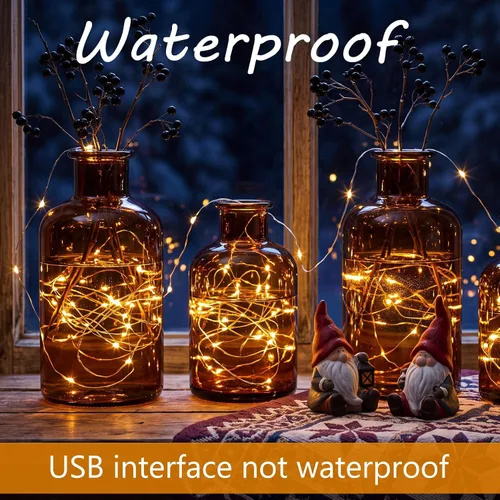 Vista 3 de Macarrie USB String Lights 33 ft 100 LED Fairy Lights Powered String for Christmas Indoor Outdoor Wedding Party Tree Home Festival Garden Black