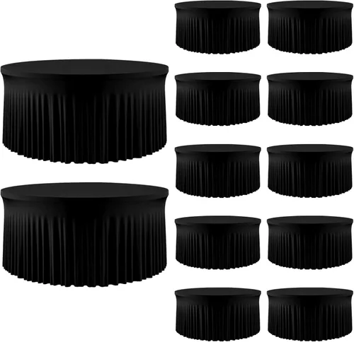 Vista 47 de Mantel redondo de 60 pulgadas en negro para mesas de 5 pies, funda de mesa ajustada de elastano con borde elástico y falda, lavable, sin arrugas