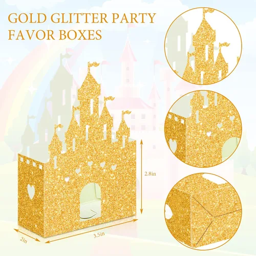 Vista 2 de Chrisfall 24 cajas de dulces de castillo de princesa con purpurina, decoración de fiesta de castillo de princesa, cajas de regalo de cumpleaños
