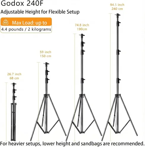 Vista 3 de Godox Soporte de luz de aluminio ultraligero de 240 F Altura máxima de 94.5 pulgadas, carga de 4.4 libras Compacto 26.8 pulgadas plegado Ideal