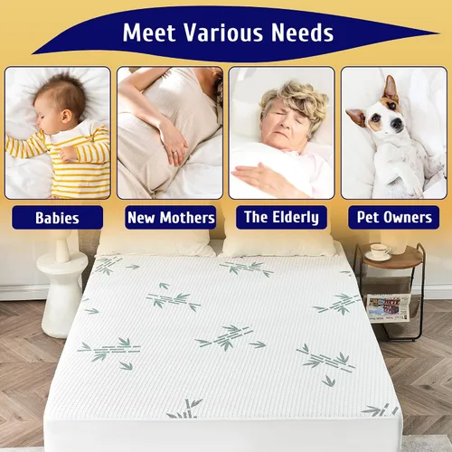 Vista 4 de Protector de colchón de tamaño matrimonial, funda de colchón impermeable de viscosa de bambú transpirable, estilo de rayas refrescantes, bolsillo