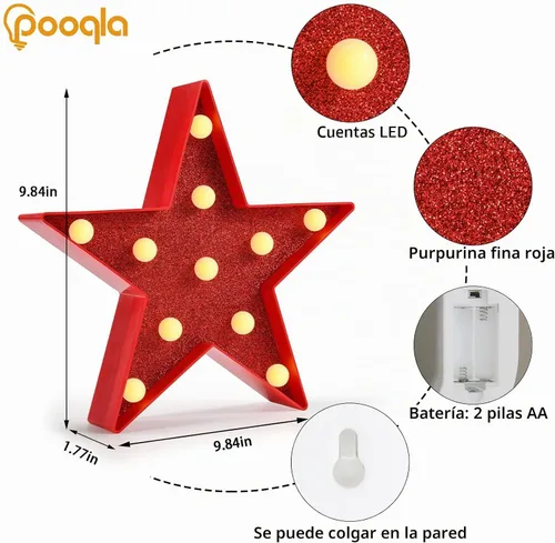Vista 6 de Pooqla Luces de marquesina de estrellas, marquesina LED con purpurina, estrella de luz roja, luz nocturna alimentada por pilas para fiesta
