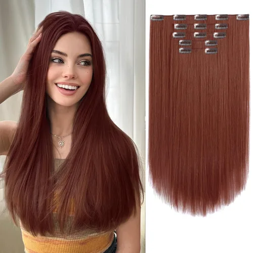 Vista 21 de Extensiones de cabello sintético con clip, color burdeos de 18 pulgadas de largo, invisibles, gruesas, extensiones de cabello lacio con clips, 5