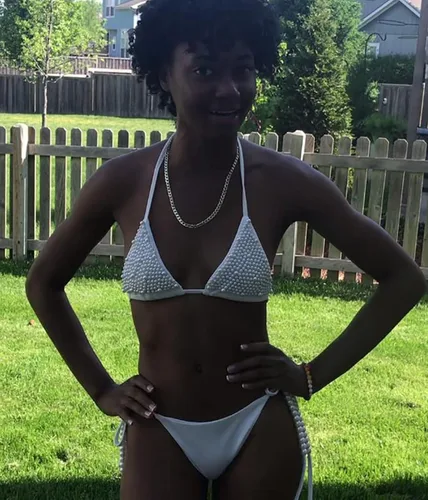 Vista 5 de Olaimisord Traje de baño de dos piezas con perlas brillantes para mujer, conjunto de bikini con cordón triangular