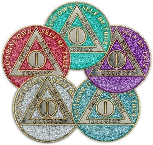 Vista 6 de Moneda de sobriedad de 1 año Ficha de aniversario de recuperación de chip AA con purpurina (aguamarina) Glitter Sparkle Alcoholics Anonymous 24k