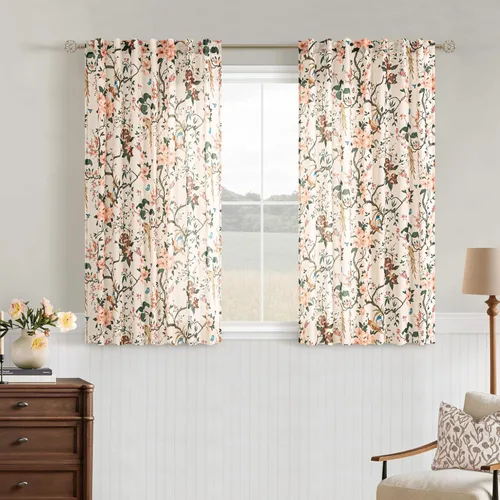 Vista 30 de Cortinas de lino de pájaro floral azul 2 paneles de 72 pulgadas de largo Aqua Blue