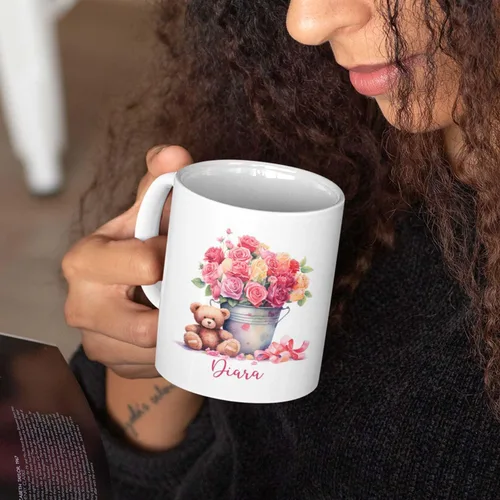 Vista 2 de Tazas de cerámica personalizadas del cubo de rosas con nombre, Taza de flores, Taza de café de flores de rosas personalizadas, Taza de té floral