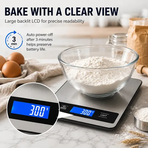 Vista 6 de Báscula de alimentos de cocina de 33 libras/33.1 lbs, báscula digital de alta precisión de 0.04 oz con temporizador y pantalla LCD retroiluminada