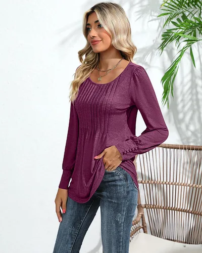 Vista 7 de Ficerd Blusa plisada de manga corta abombada para mujer, cuello redondo, elegante, casual, holgada, para primavera y verano