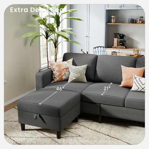 Vista 5 de Sofá modular para sala de estar, sofá gris oscuro de 3 plazas en forma de L con otomana de almacenamiento, cómodos sofás seccionales convertibles