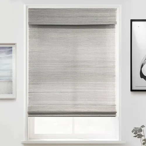 Vista 4 de MOOD Persianas de bambú personalizadas, tejidas, persianas romanas de bambú sin cordones para ventanas y puertas (tejido natural), tejido gris