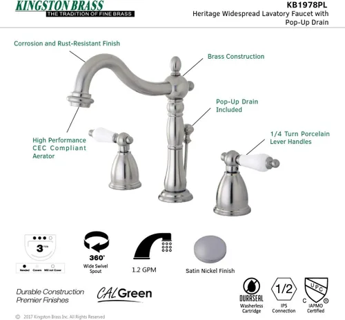 Vista 7 de Kingston Brass KB1978PL Heritage - Grifo de lavabo generalizado con mango de palanca de porcelana, níquel cepillado