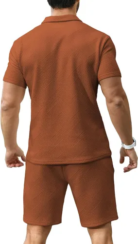 Vista 4 de KUYIGO Conjunto de camisa polo y pantalones cortos para hombre, trajes de verano a la moda, casual, de manga corta, traje de 2 piezas para hombre