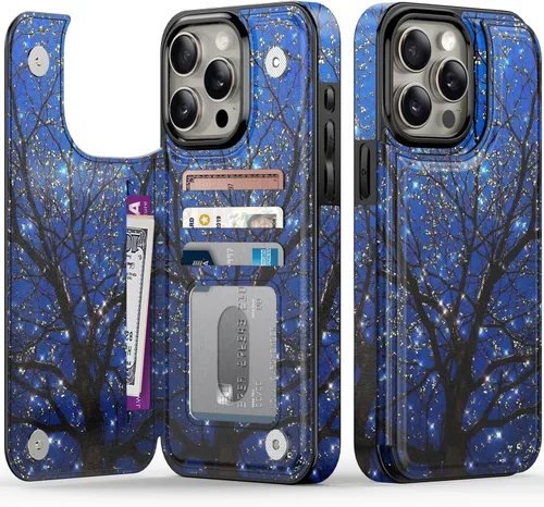 Vista 13 de FUNMIKO Funda tipo cartera para iPhone 13 con tarjetero, bloqueo RFID, protección de grado militar y obras de arte impresas con rayos UV, cierre