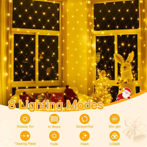 Vista 2 de Ollny - Luces de red para exteriores de 10 x 7 pies, 210 luces LED de cable transparente conectables, luces de red de Navidad con 8 modos, IP67