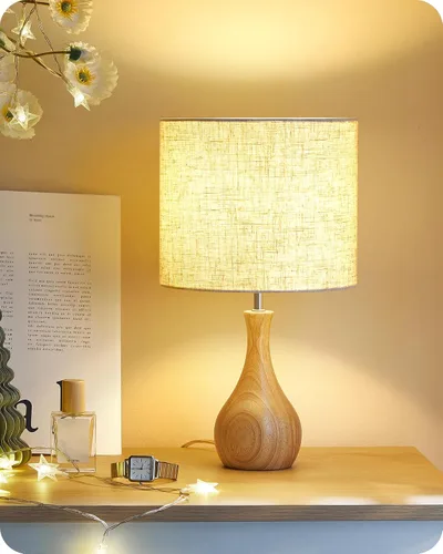 Vista 16 de LE09TLP205 - Juego de 2 lámparas de mesa de madera, lámpara de noche pequeña con pantalla de lino beige y base de madera natural oscura, lámpara