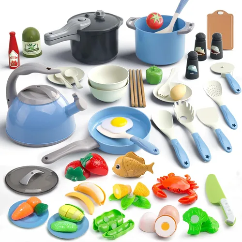 Vista 15 de Bruvoalon Juego de 32 juguetes de cocina para niños, accesorios de cocina con ollas, sartenes, utensilios de cocina, alimentos, verduras enlatadas