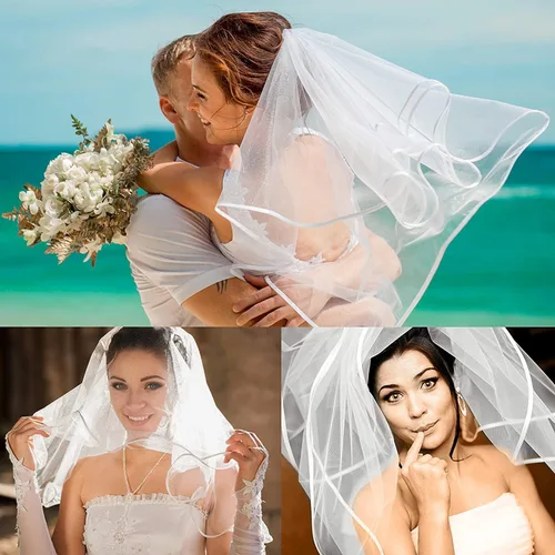 Vista 2 de Bridal Veil Womens Simple Tulle Short Wedding Veil Ribbon Edge with Comb for Wedding Bachelorette Party