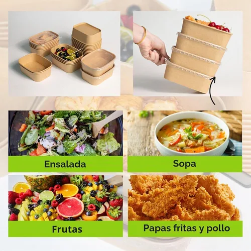 Vista 2 de Recipiente desechable de 17 onzas con tapas, 50 juegos de tazones de papel para acai compostables para fideos de sopa, aptos para microondas