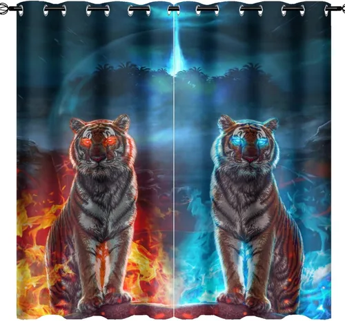Vista 16 de Cool King of The Forest - Cortinas opacas con diseño de tigre anime, fantasía, animal, fuego, tigre, hielo, con ojales, ahorro de energía, 2