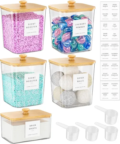 Vista 9 de Moforoco 2+1 Pack Bamboo Laundry Pods Container, Clear Laundry Room Organization Containers,Large Laundry Detergent Powder Storage Containers Lids &
