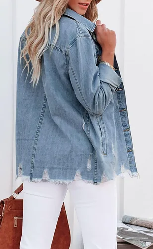 Vista 4 de Angerella Chaqueta de mezclilla para mujer, casual, manga larga, estilo novio, desgastada, con botones