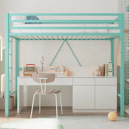 Vista 9 de Allewie Cama alta de metal tamaño individual con barandilla y escalera, diseño pequeño que ahorra espacio para dormitorio, habitación de niños