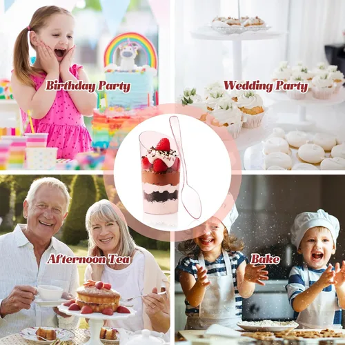 Vista 7 de Nuogo - Juego de 100 mini tazas de postre con cucharas, cuadrados de 3 onzas y 2.5 onzas, inclinados, redondos, pequeños, de plástico transparente