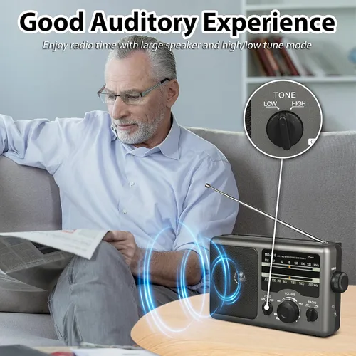 Vista 3 de Greadio Radio transistor de radio portátil AM FM con conector de auriculares de 0.138 in, modo de tono alto/bajo, altavoz grande, alimentación de CA
