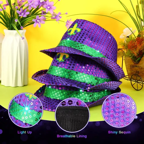 Vista 3 de 8 piezas Mardi Gras - Sombrero de fedora con lentejuelas LED, sombrero de vaquero intermitente