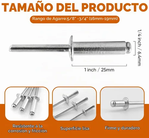 Vista 2 de ALLCLEAN 60 piezas de remaches ciegos de aluminio de 1/4" x 1", remaches pop de 6,4 x 25mm, agarre de aluminio y mandril de acero