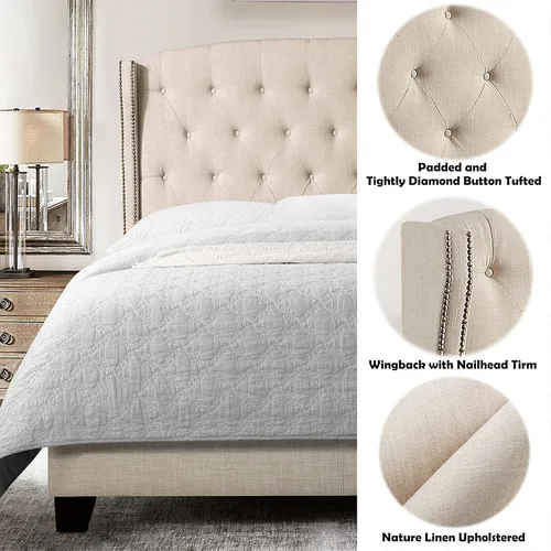 Vista 2 de Rosevera Essential - Base de cama de plataforma con cabecera capitoné tapizada de tela, soporte de listones de madera, fácil montaje, matrimonial