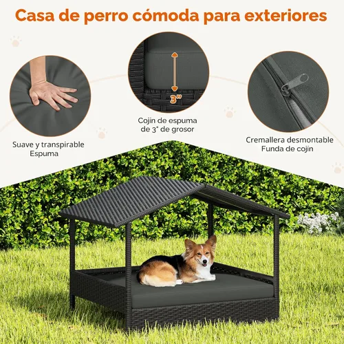Vista 6 de Yaheetech - Casa de mimbre para perros con toldo, color negro y gris Cama elevada para perros con cojín para perros pequeños/medianos, sombra