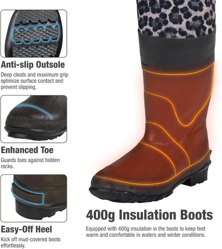 Vista 4 de HISEA - Zancudas de neopreno de 4.5 mm para mujer con estampado de leopardo, impermeables, para pesca y caza, con botas aisladas Leopardo árabe