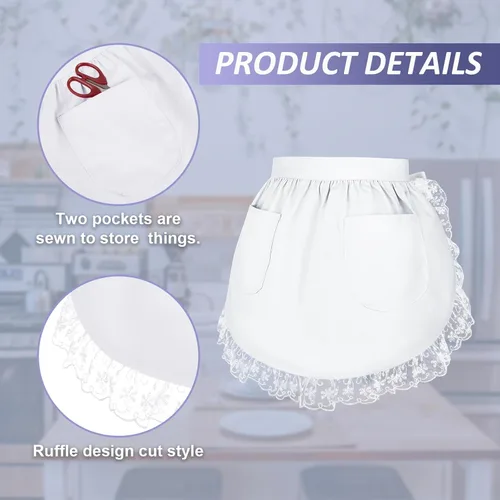 Vista 3 de TopTie Delantal de cintura de algodón con bolsillos para mujer, medio delantal de encaje de cocina para cocinar, disfraz de sirvienta para limpieza