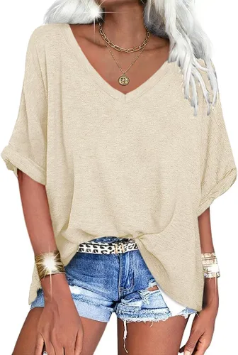 Vista 17 de UNCLECAT Camisetas de gran tamaño con cuello en V para mujer, camisas de manga corta de verano, holgadas, casuales