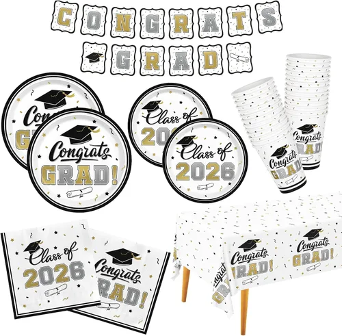 Vista 14 de Decoraciones de graduación de clase de 2026, juego de vajilla de fiesta de graduación de graduación negro y dorado, platos de papel desechables
