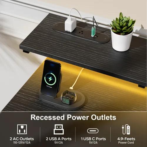 Vista 5 de HLDIRECT Escritorio de computadora de 47 pulgadas con 8 cajones de almacenamiento, escritorio para juegos con luces LED y tomas de corriente USB