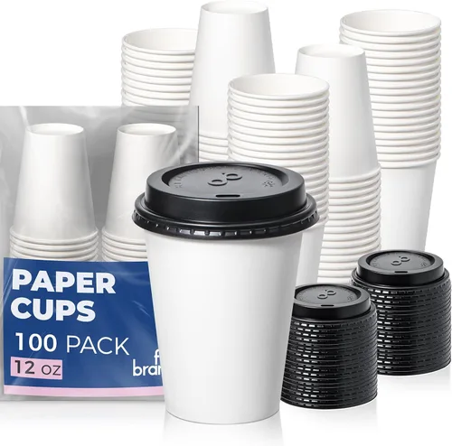 Vista 22 de Fit Meal Prep Paquete de 100 Tazas de Café Desechables de 4 oz con Tapas, Vasos de Papel Premium Para Llevar, Tazas de Café Caliente a Prueba