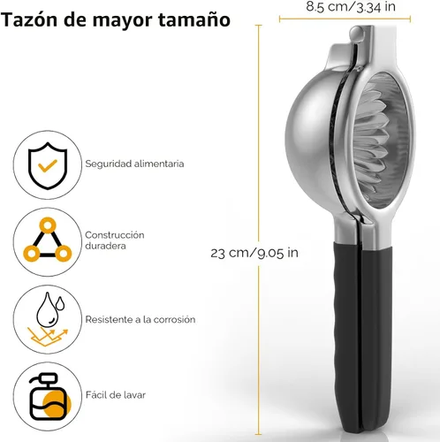 Vista 2 de Exprimidor de limón de acero inoxidable - Exprimidor de cítricos de metal - Exprimidor de limón y frutas con asas de silicona - Exprimidor manual
