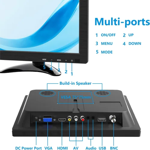 Vista 6 de Monitor pequeño de 9.7 pulgadas 1024 x 768, monitor portátil 4:3 con puerto USB, HDMI, VGA, AV, BNC, 60Hz, VESA, altavoz incorporado, control remoto