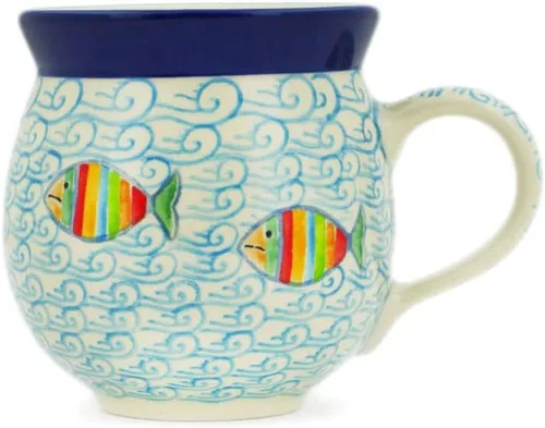 Vista 23 de Auténtica taza de burbujas de cerámica polaca de 13 onzas en diseño amarillo hecho a mano en Bolesławiec Polonia por Ceramika Bona + certificado