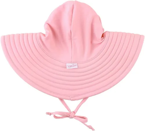 Vista 10 de RuffleButts® - Sombrero de playa con visera ancha y protección solar UPF 50+ para bebés y niñas 80% Nylon 20% Spandex, Reversible Polka Dots Banana