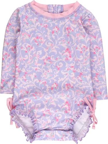Vista 39 de RuffleButts - Traje de baño de una pieza con protección solar UPF 50+, camiseta de protección floral estampado, manga larga, con cierre zipper