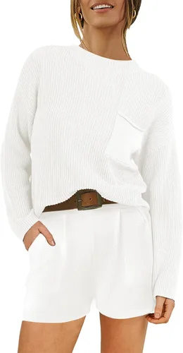Vista 2 de ANRABESS Conjunto de dos piezas para mujer, suéter de punto, manga larga, tops y pantalones cortos